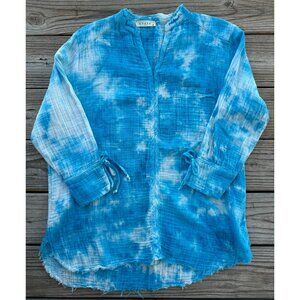 Stark X Blue Tie Dye Peasant Gauze Button Up Blouse 3/4 Sleeve‎ V Neck Sz Small